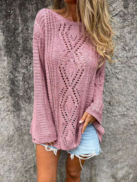 Knitted Crew Neck Top with Cutout Design pink