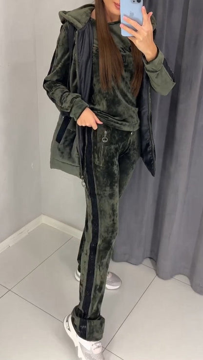 Women's Casual Long Sleeve Autumn and Winter Hooded Velvet 3-piece Suit green