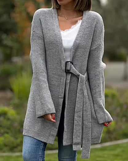 Women's Solid Color Strap Casual Sweater Jacket Grey