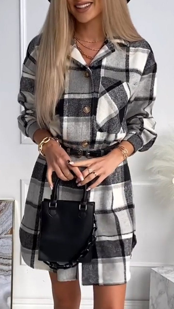 Women's Lapel Plaid Button Coat black