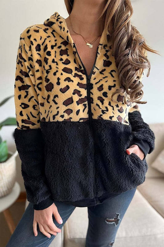 Women's Leopard Patchwork Plush Zip Jacket Black