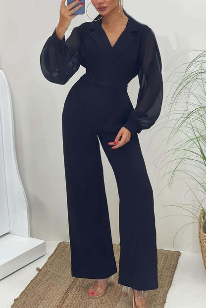 Women's fashionable sleeve patchwork mesh solid color lapel jumpsuit Black