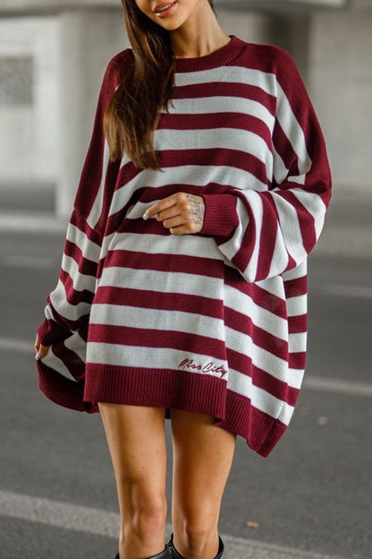 Casual Striped Long Sleeve Pullover Sweater red