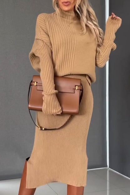 Women's Turtleneck Long Sleeve Sweater Skirt Suit brown