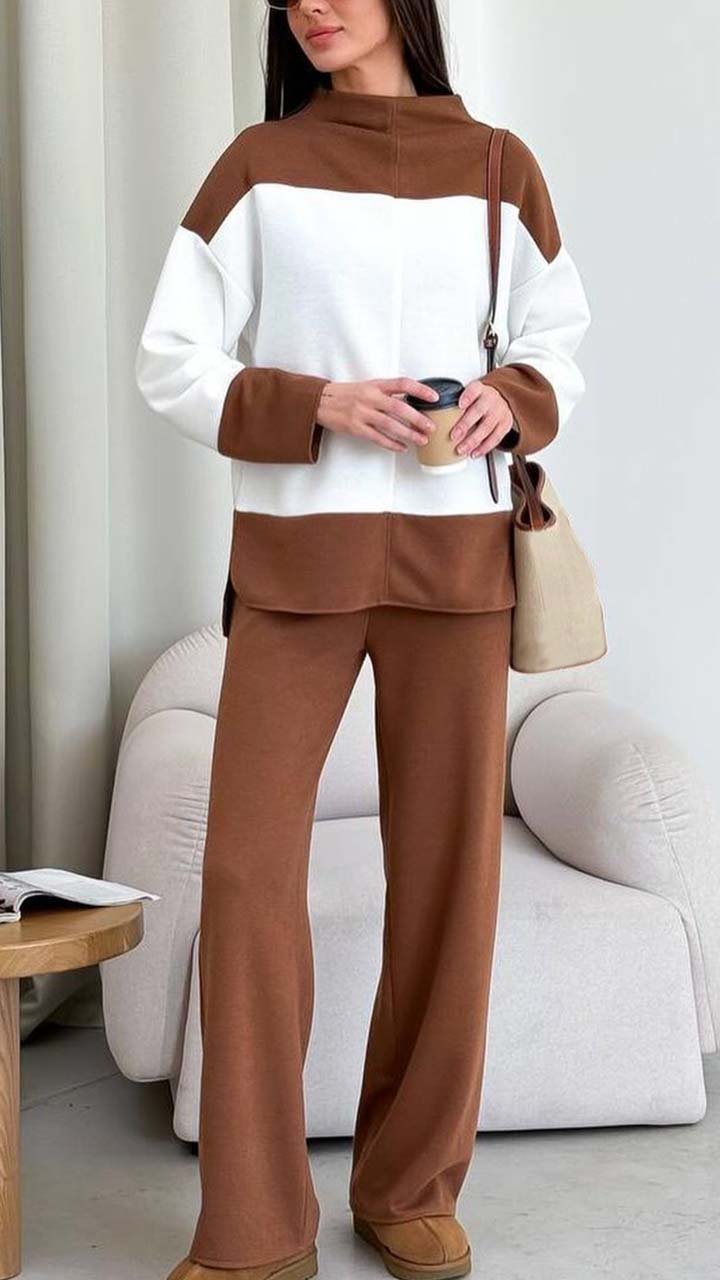 Women's Casual Colorblock Two-piece Suit brown