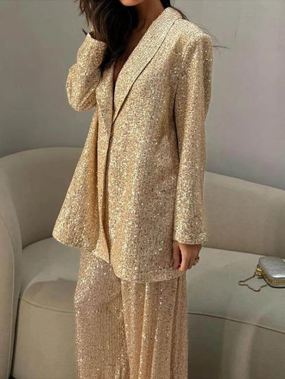 Women's Lapel Sequined Suit + Trousers Casual Set