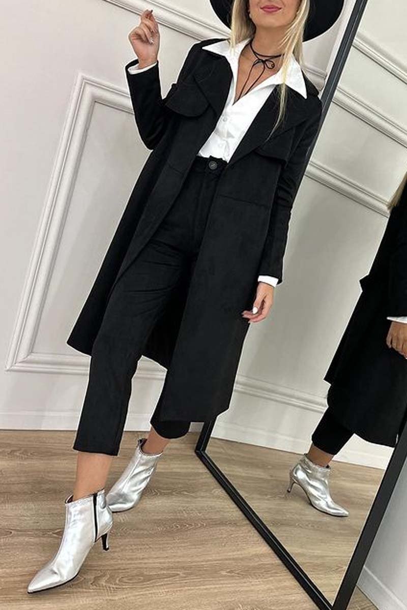 Women's fashionable long coat pants suit Black