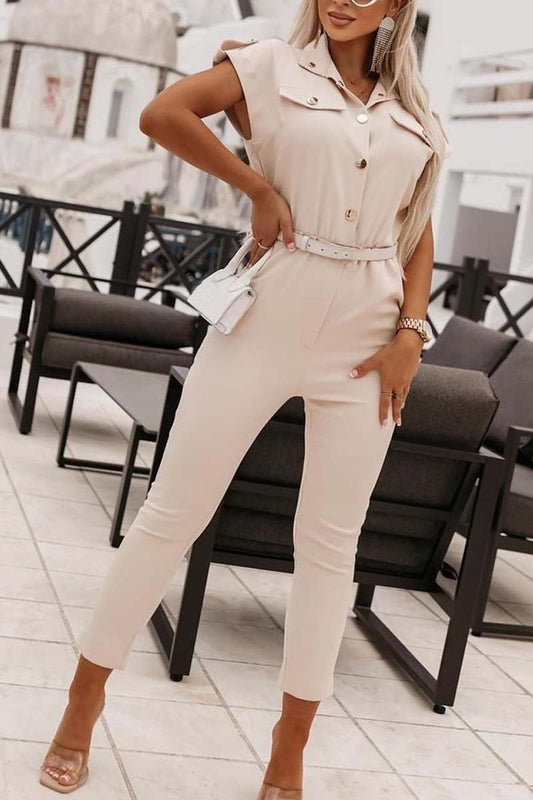 Women's Fashionable Lapel Solid Color Waist Jumpsuit Khaki