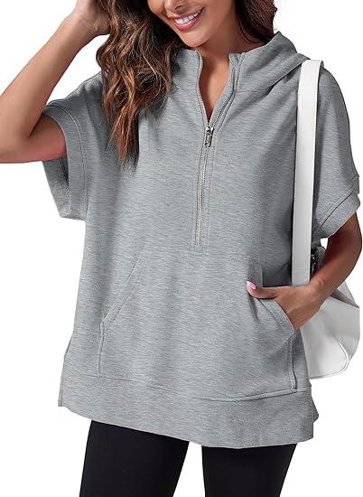 Women's Hooded Short-sleeved Half-zip Top Gray