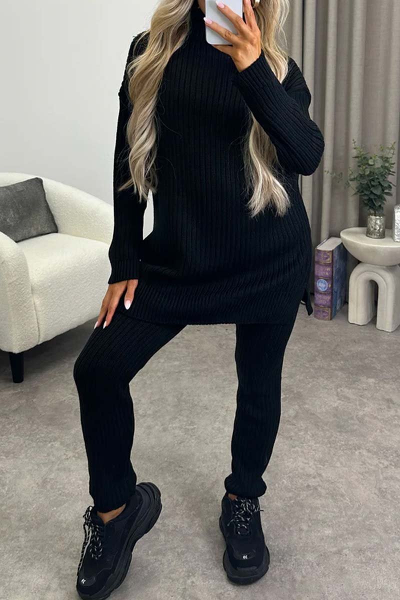 Women's casual solid color turtleneck knitted suit Black