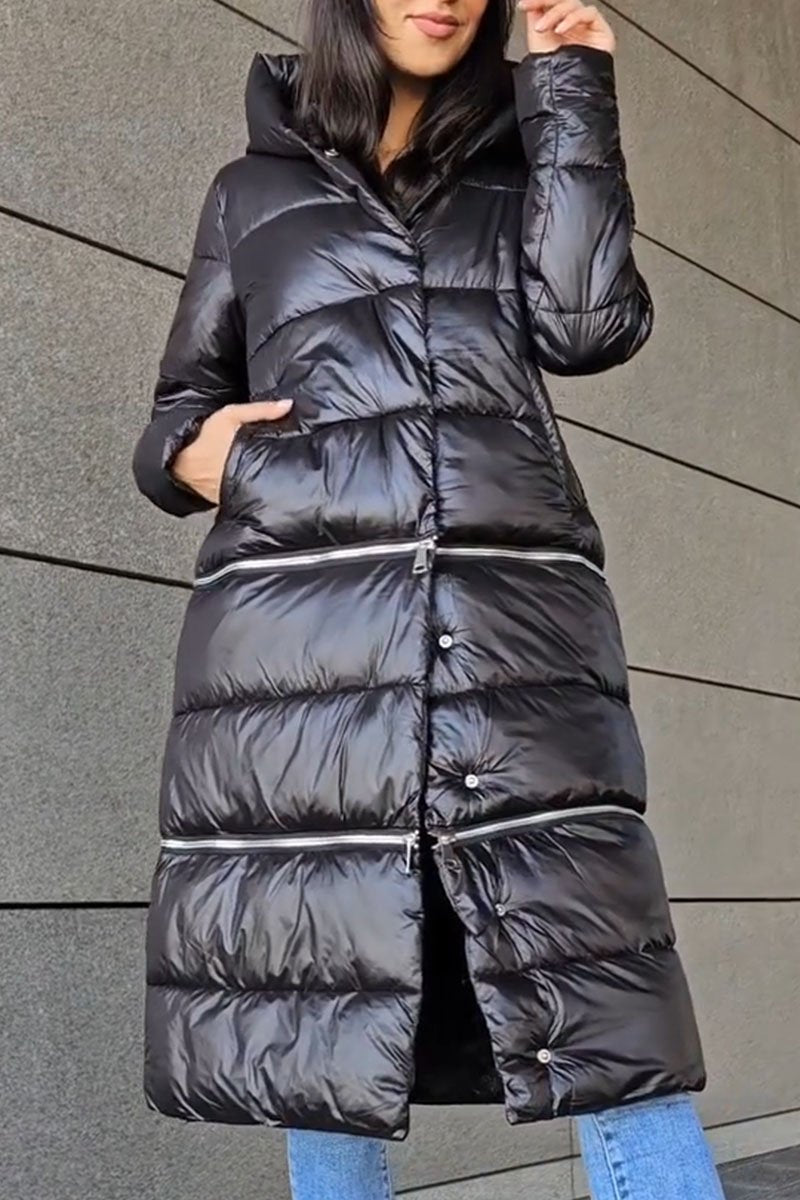 Women's Solid Color Long Zipper Patchwork Coat black