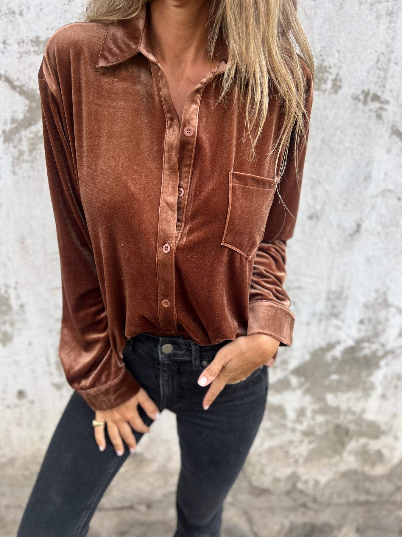 Gold Velvet Lapel Long Sleeve Casual Shirt brown