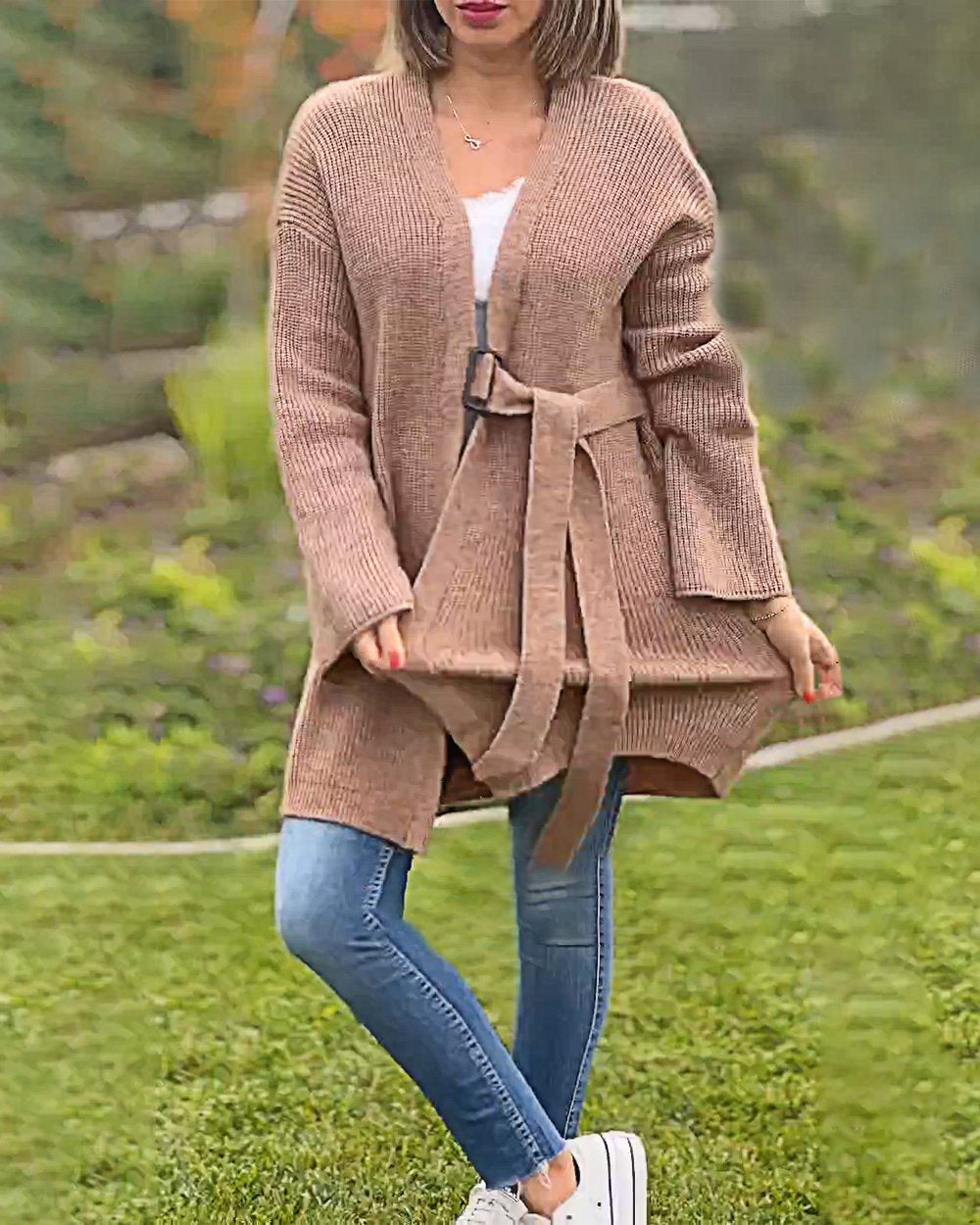 Women's Solid Color Strap Casual Sweater Jacket Khaki