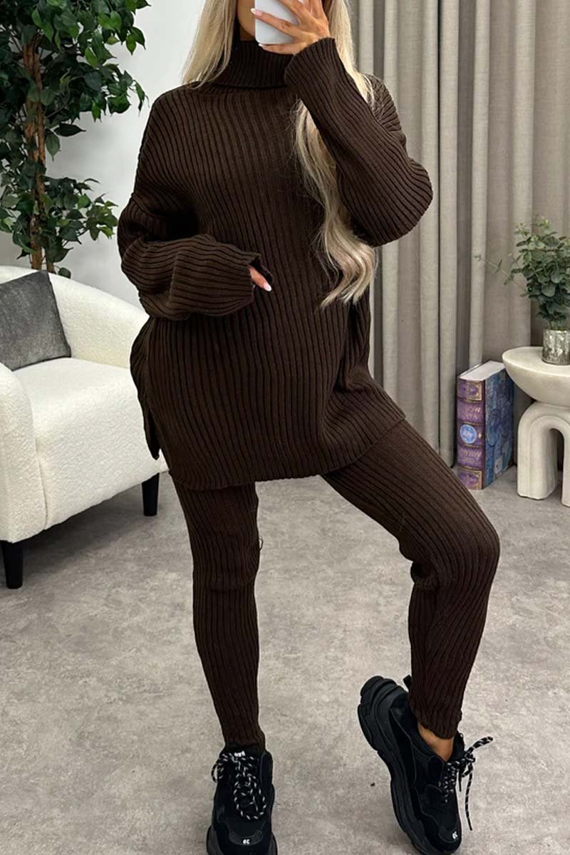 Women's casual solid color turtleneck knitted suit