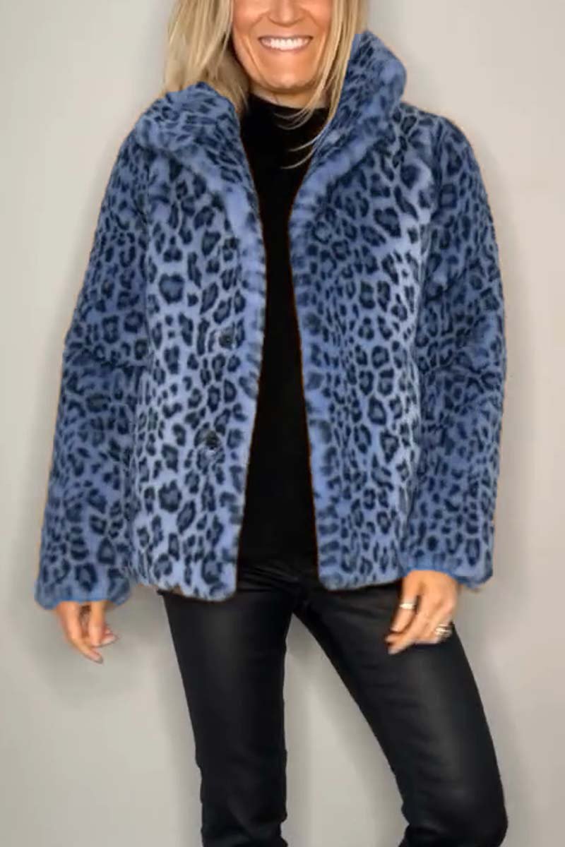 Women's Fashionable Leopard Print Lapel Faux Fur Winter Short Coat Blue