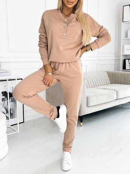 Women's Half-button Long-sleeved Casual Sports Suit khaki-round collar