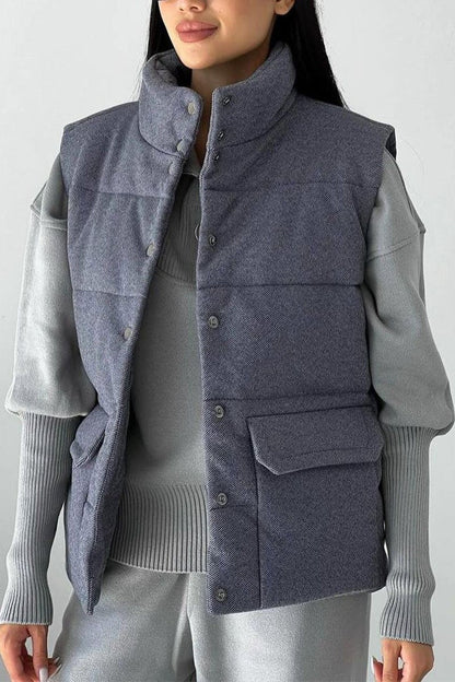 Casual Solid Color Sleeveless Pocket Jacket navy