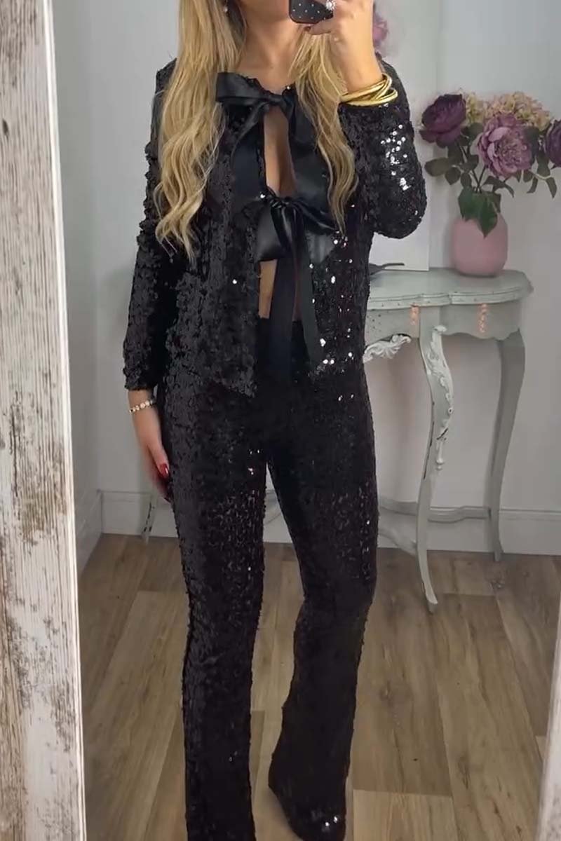 Women's Stylish Lace Up Sequin Top and Flare Pants Set Black