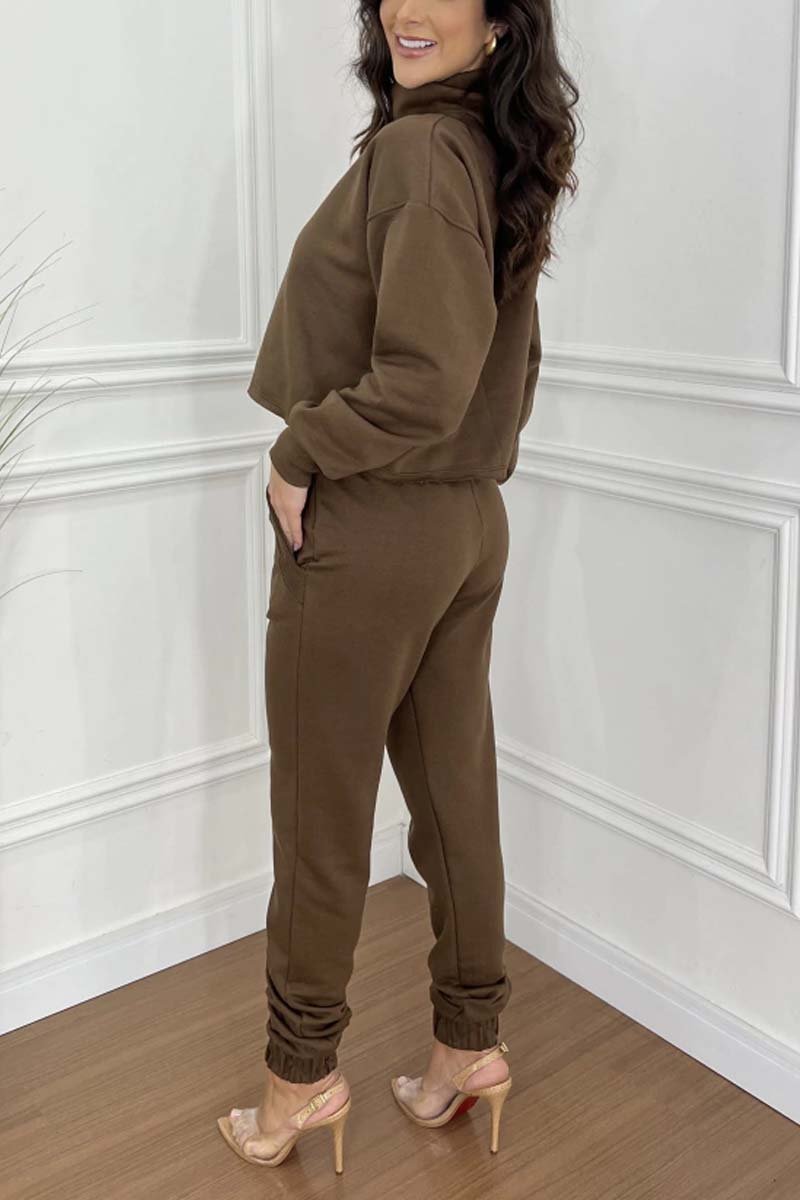 Women's Casual Solid Color Turtleneck Cropped Top and Pants Set