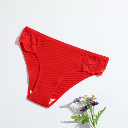 Women's Threaded Solid Color Low-rise Lace Breathable Double-stop Briefs red