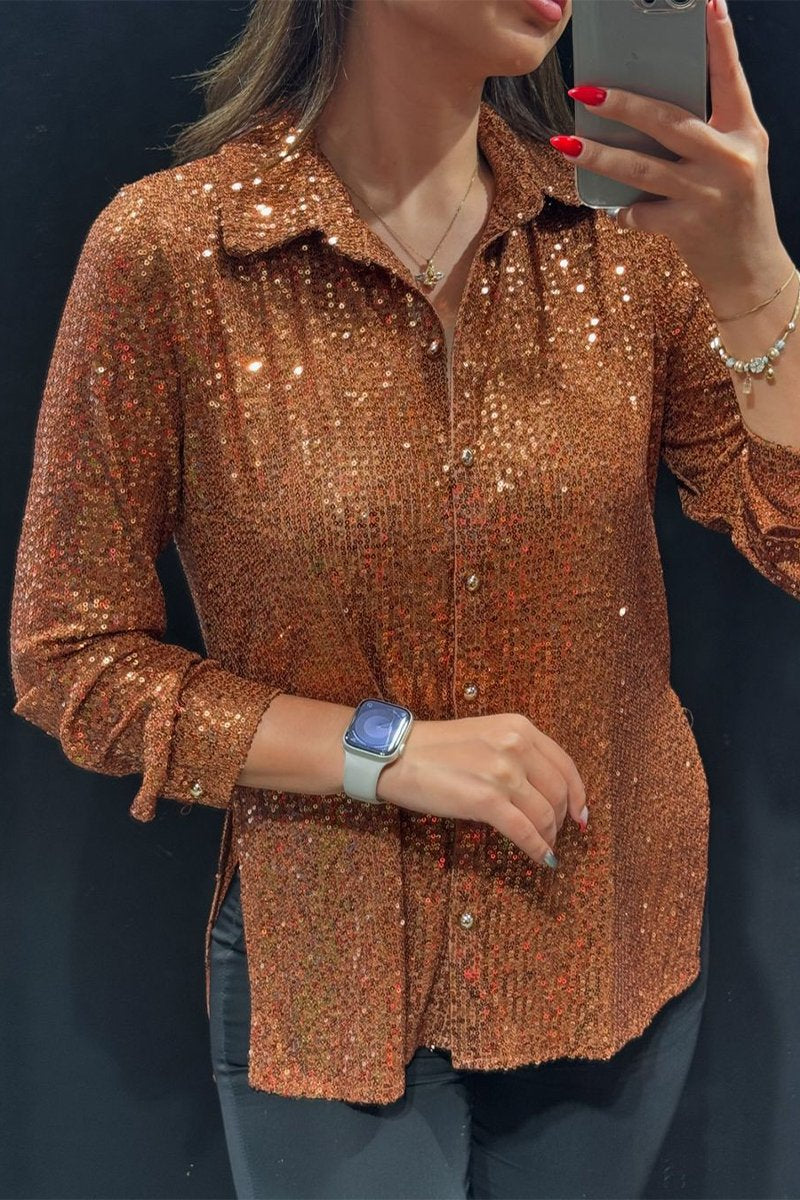 Women's Lapel Single-breasted Sequined Shirt