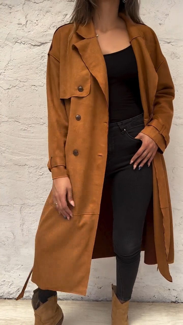 Women's Autumn and Winter Lapel Long Sleeve Casual Long Coat brown