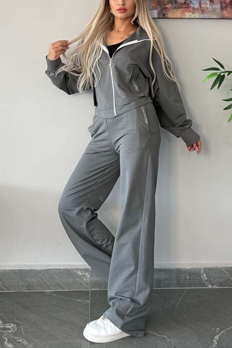 Women's Casual Hooded Solid Color Sports Suit Gray