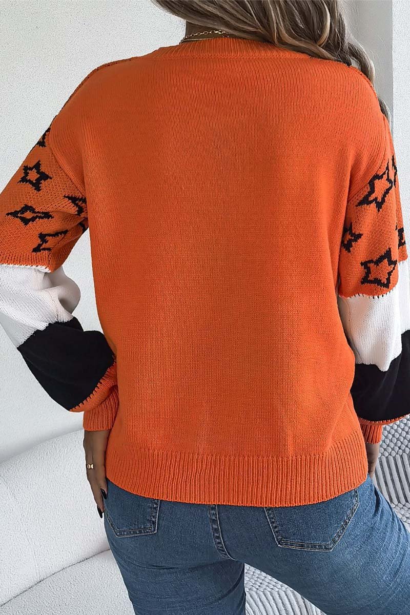 Women's casual color block star hollow lantern sleeve pullover sweater