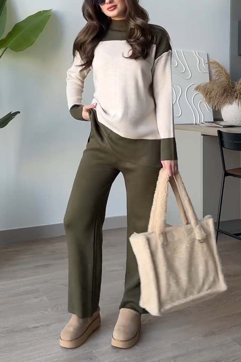 Women's Casual Contrast Knitted Suit Green Apricot