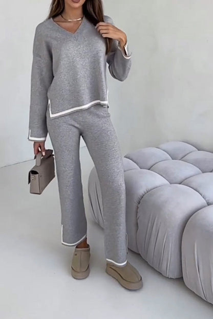 Women's Knitted Sweater Contrast Top and Pants Two-piece Set