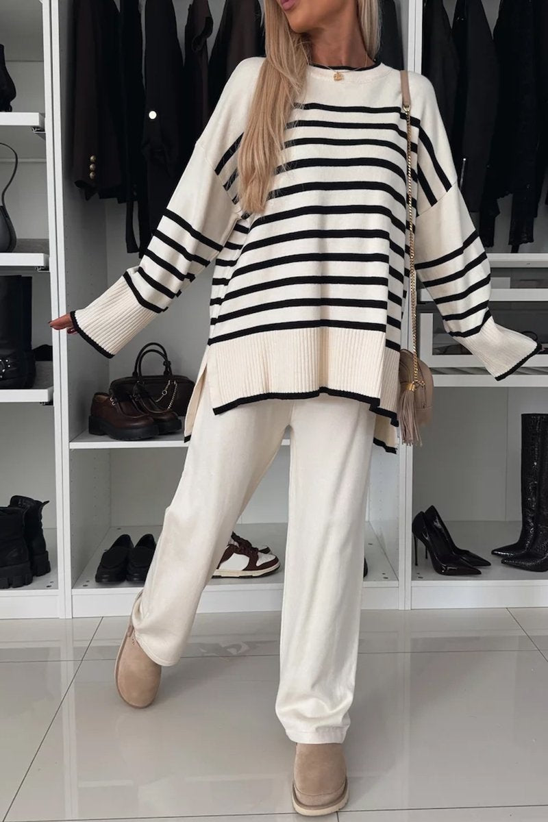 Women's Multi-colored Striped Crew Neck Pullover Casual Knit Suit white