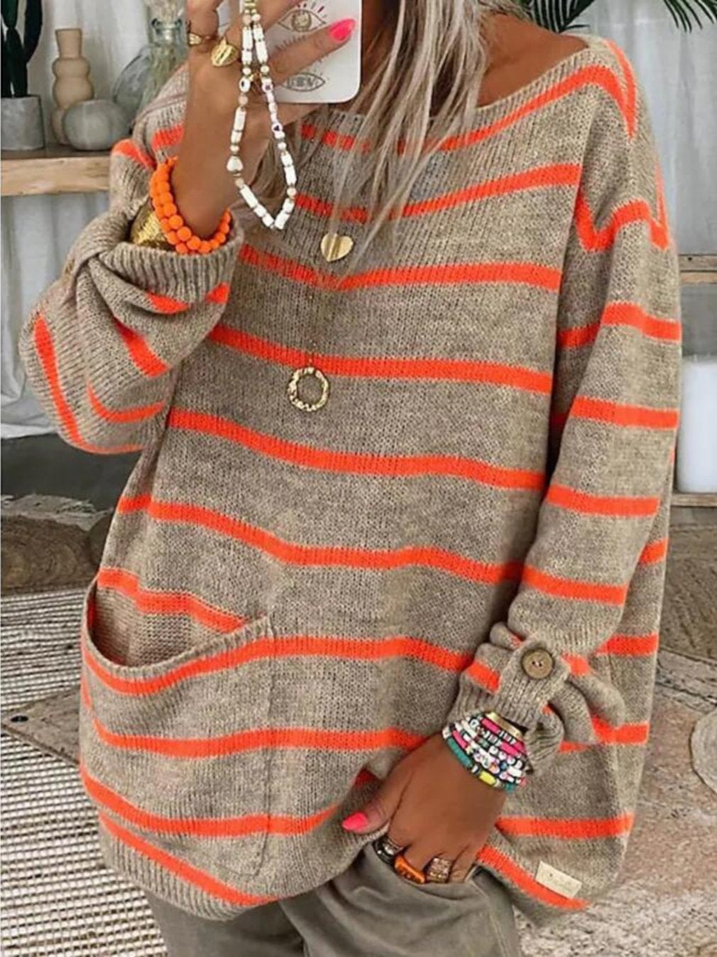 Women's Striped Contrast Pocket Crew Neck Sweater Orange