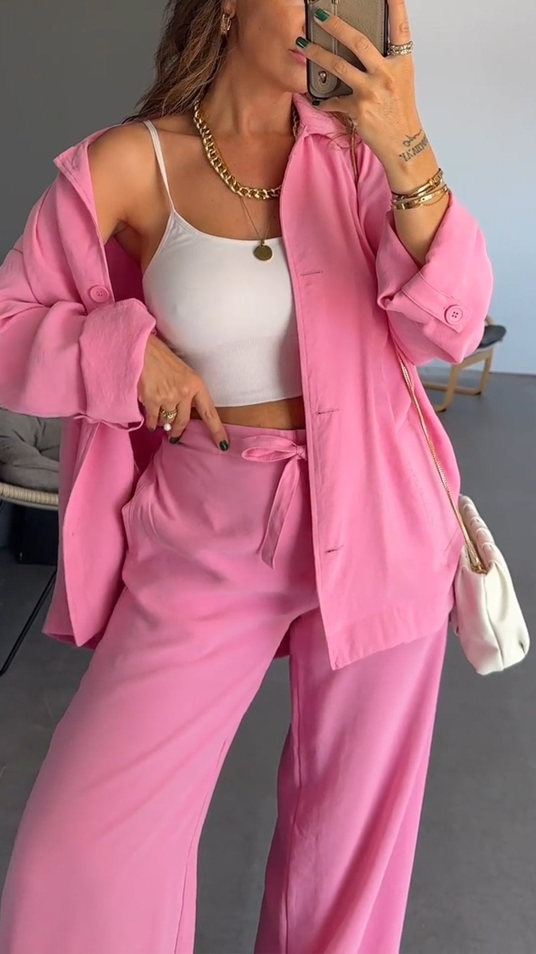 Solid Color Shirt Set for Women pink