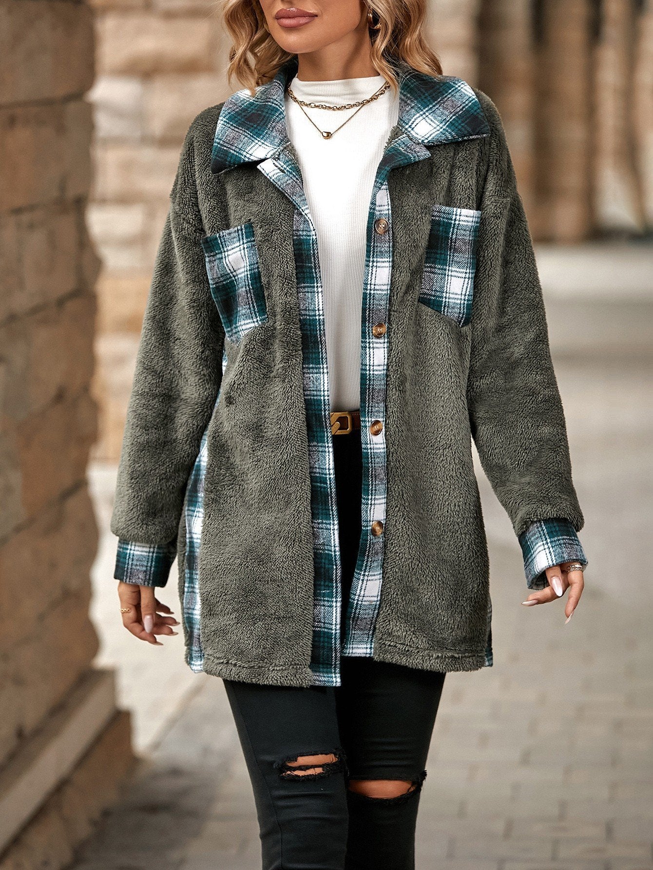 Single-breasted Lapel Plaid Plush Coat Grey