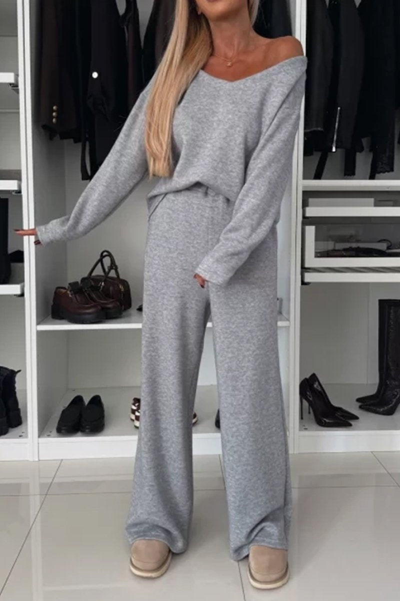 Women's V-neck Diagonal Shoulder Solid Color Casual Hoodie Set grey