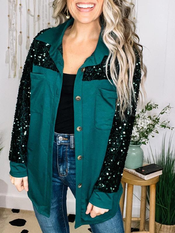 Ladies Lapel Sequined Casual Shirt green