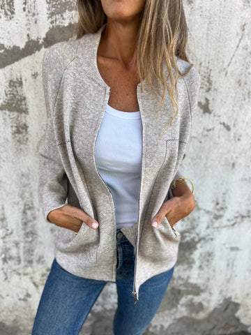 Casual Round Neck Zipper Thin Jacket apricot