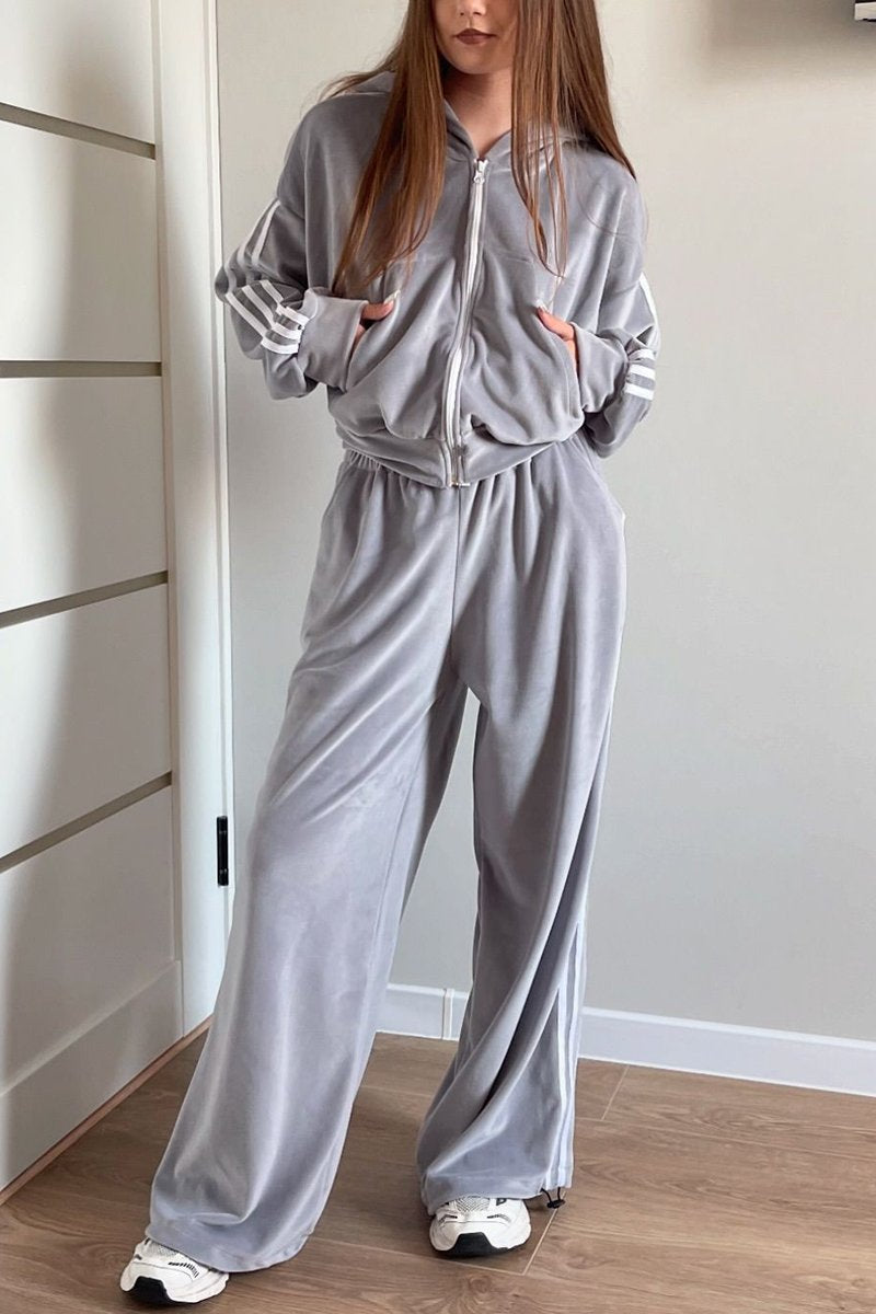 Women's Casual Ribbon Patchwork Velvet Pants Set Grey