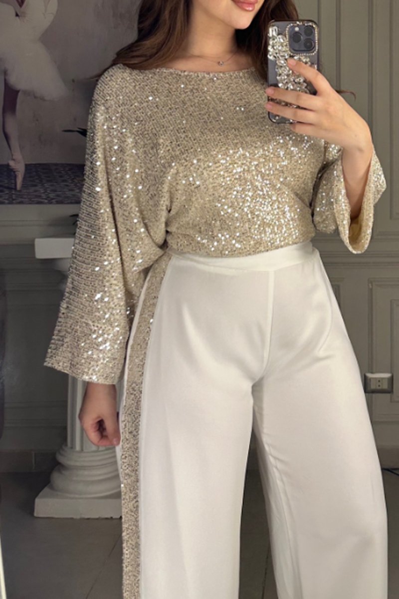 Women's Fashion Loose Sequin Two-Piece Suit Gold And White