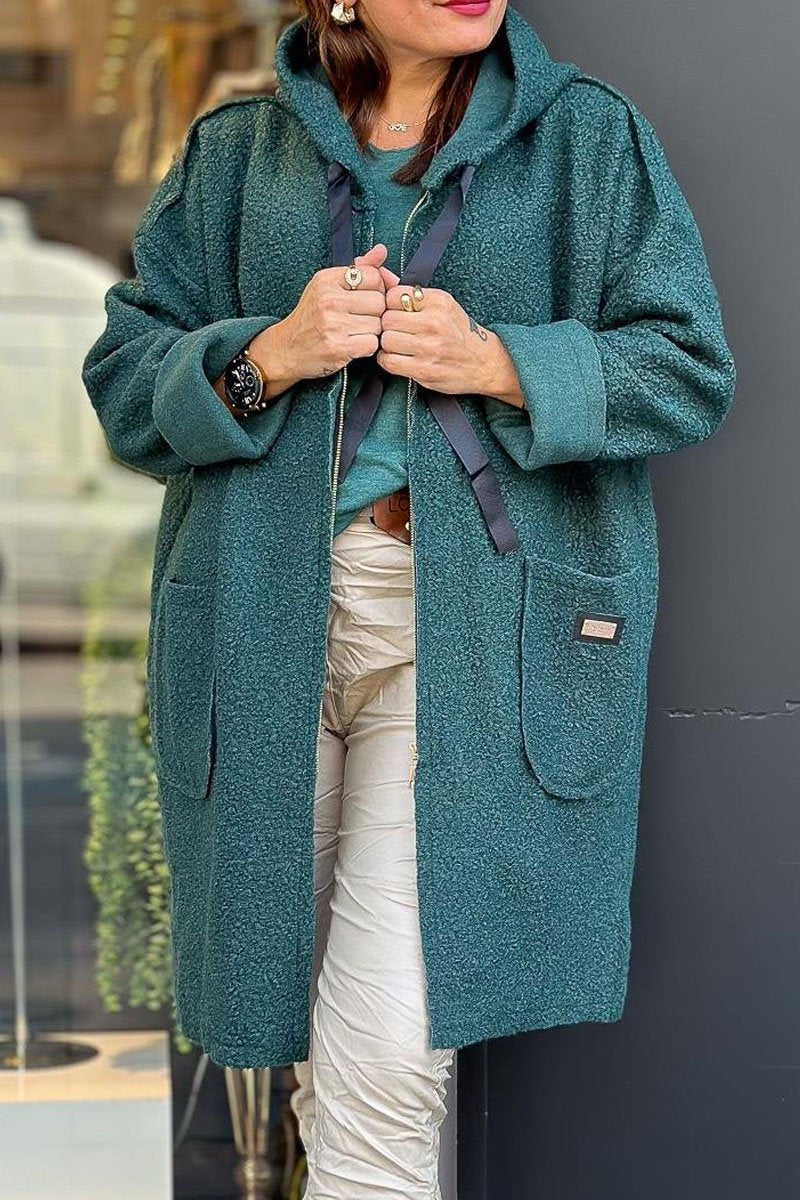 Casual Solid Color Long Sleeve Plush Hooded Jacket green