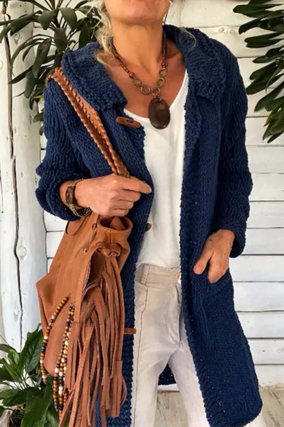 Women's Casual Solid Color Lapel Thick Thread Sweater Knitted Cardigan Dark Blue