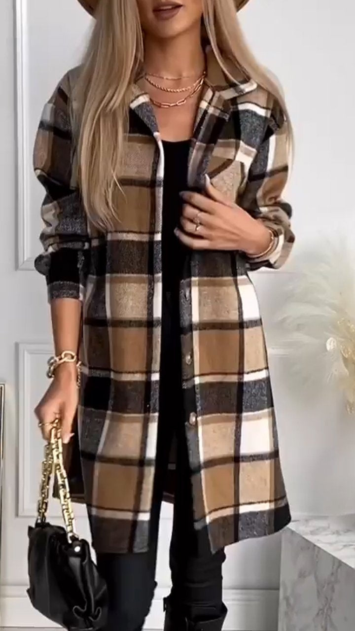 Women's Lapel Plaid Button Coat brown-black