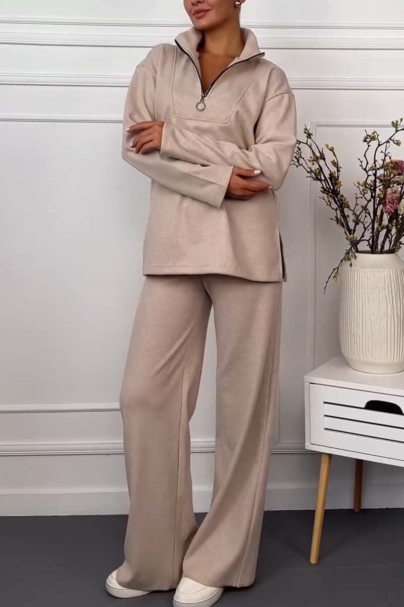 Women's Casual Half Zip Comfortable Knitted Suit Apricot