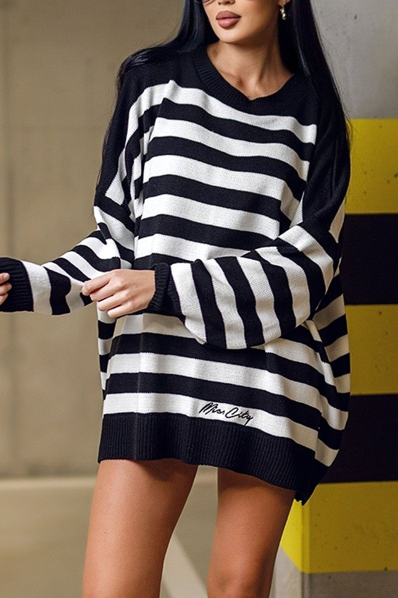 Casual Striped Long Sleeve Pullover Sweater black