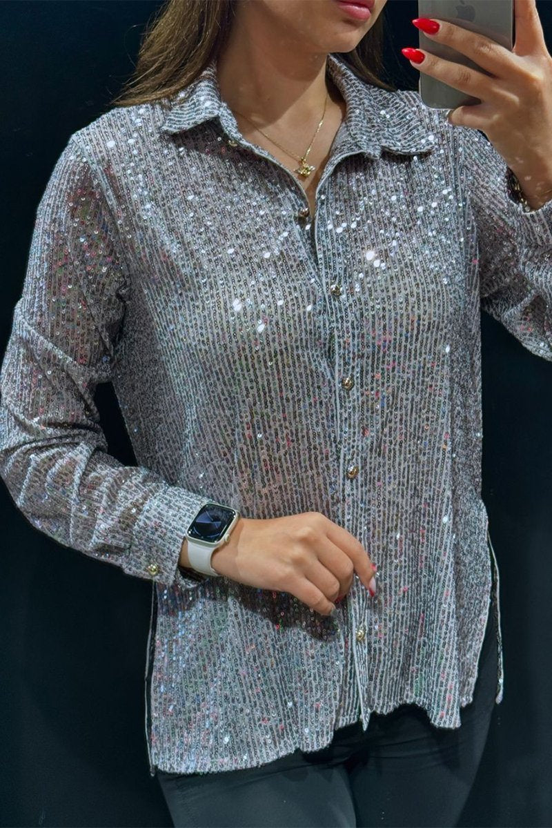 Women's Lapel Single-breasted Sequined Shirt