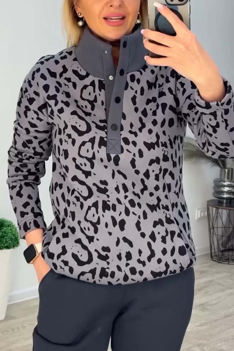 Women's casual leopard print half-button pullover sweatshirt Gray