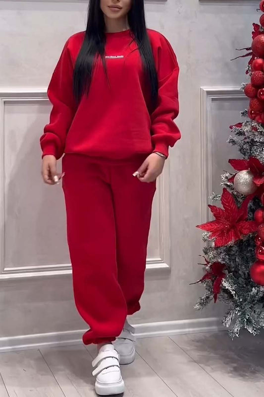 Women's casual round neck sports sweatshirt suit Red