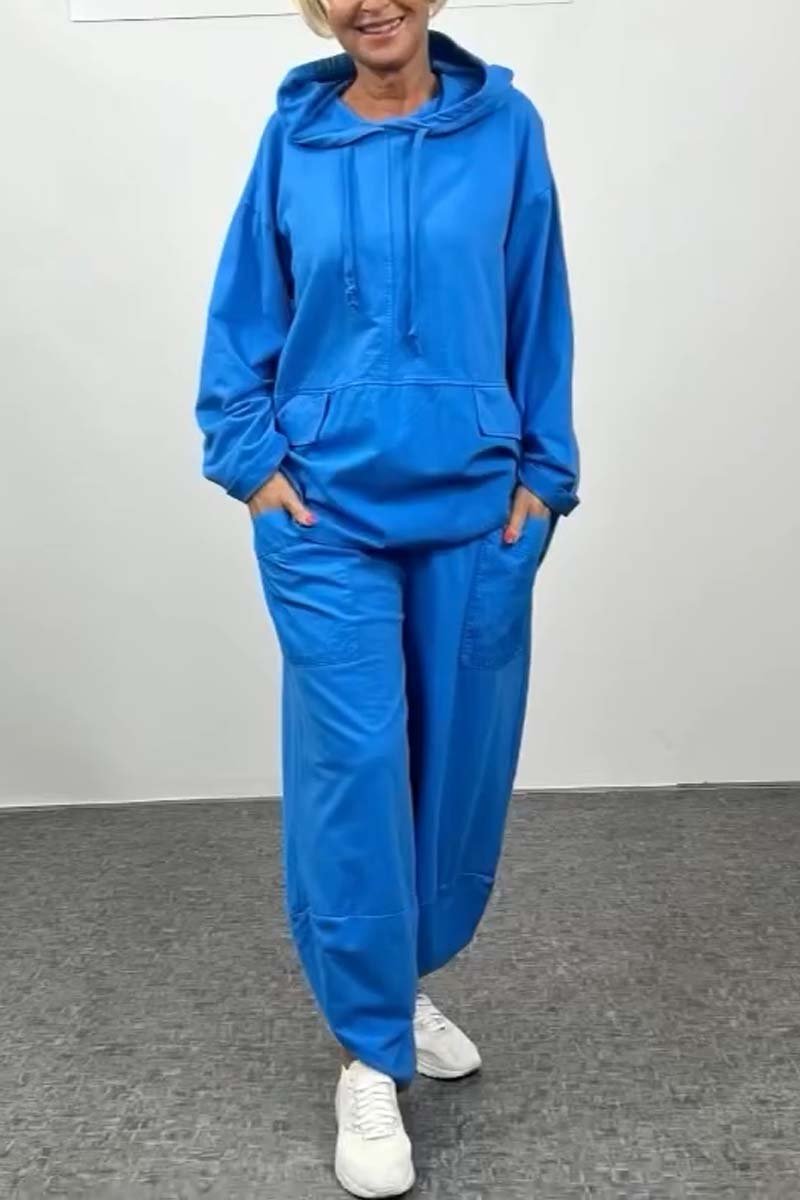 Women's casual double pocket hooded suit Blue