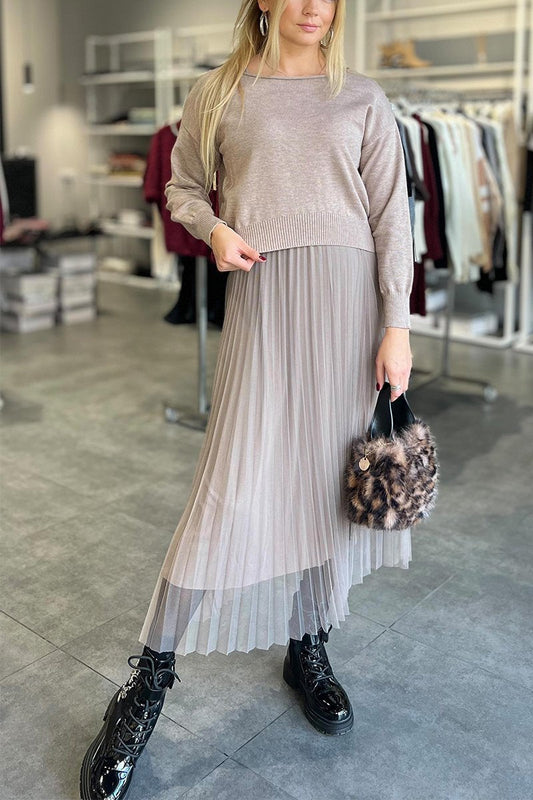 Women's Casual Round Neck Top + Pleated Dress Two-piece Set gray