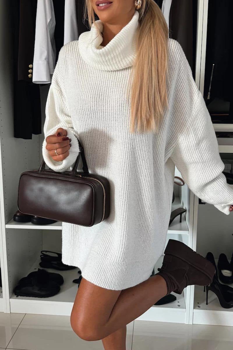 Women's Long Sleeve Casual Sweater Dress with Pile Collar white